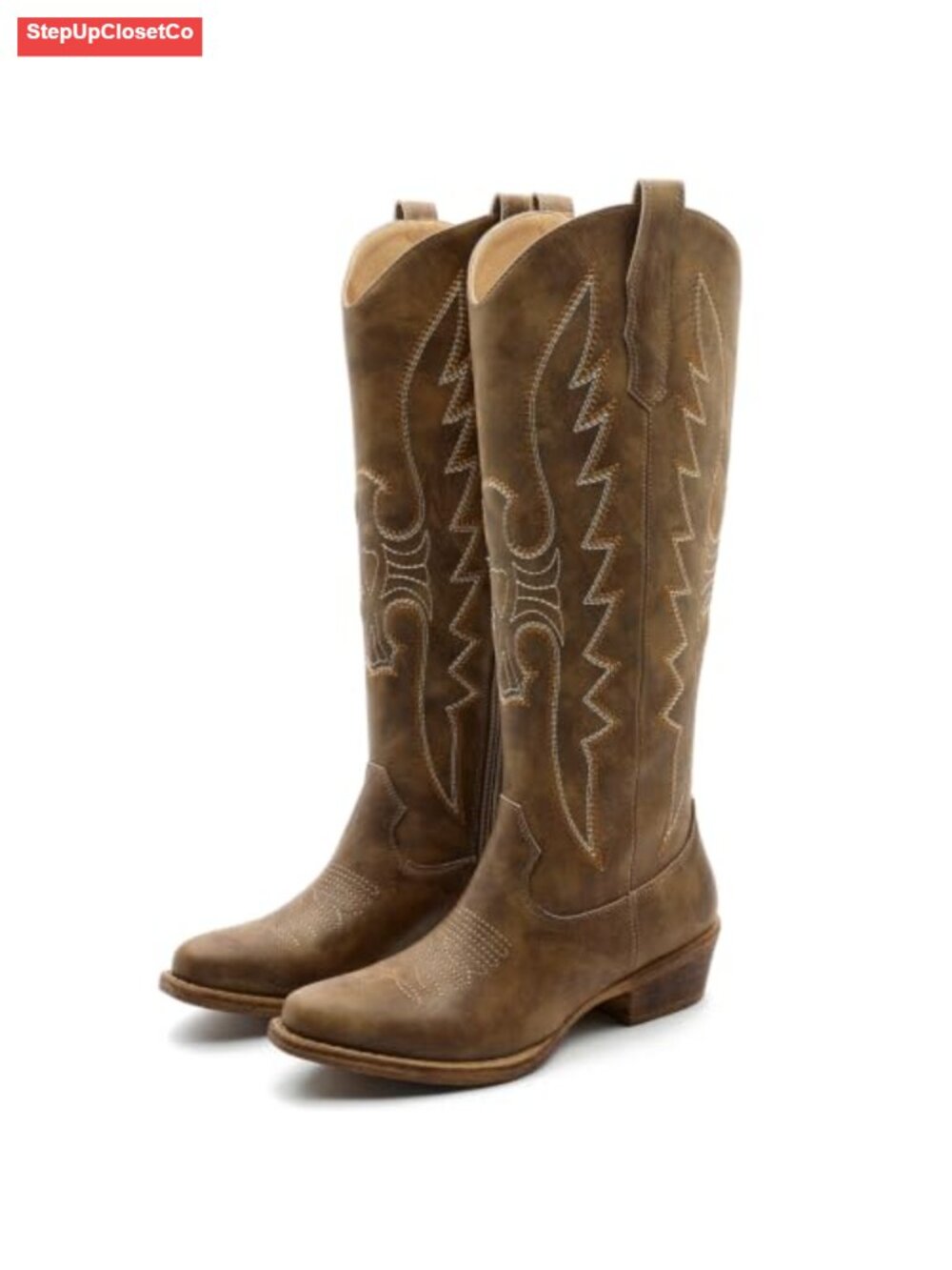 Faux Leather Knee High Cowboy Boots Snip Toe Western Block Heel